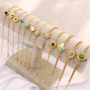 Retro Natural Stone Collection Stainless Steel Turquoise Pendant Bracelet for Women’s Fashionable and Versatile Accessory