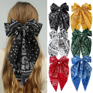 Retro Paisley Printed Large Bow Hair Clip Girls Long Tail Ribbon Hairpin Fashion Female Barrettes Hair Accessories