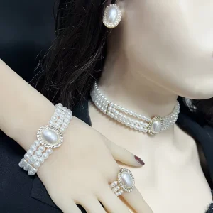 Retro Pearl Jewelry Set 5Pcs, Diamond Inlaid Alloy Necklace & Bracelet