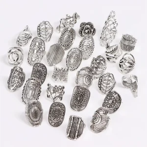 Retro Personality Ladies’ Fashion Rings Tibetan Silver & Multi Flower Alloy Mixed Jewelry