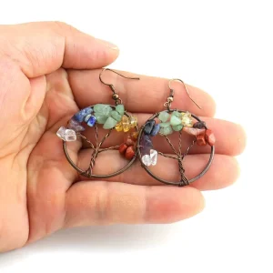 Retro Round Gravel Pendant Earring Vintage Natural Stone Crystal Tree of Life Earrings