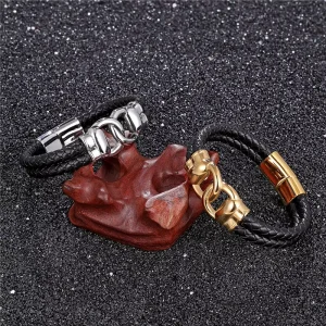 Retro Stainless Steel Bracelet for Men Black Braided Leather Rope Magnetic Clasp Custom Jewelry