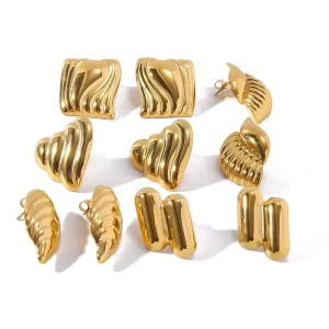 Retro Stainless Steel Chunky Gold Metal Stripes Series Earrings Square Heart Geometric Statement Stud Women Jewelry