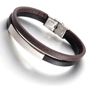 Retro Stainless Steel Clasp Bangle Two layer Genuine Leather Bracelet for Men Jewelry