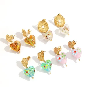 Retro Stainless Steel Earrings Waterproof Colored Heart shaped 18K Gold plated Pendant Earrings
