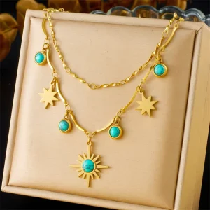 Retro Style Double Layer Necklace Blue Turquoise Star Fashion Pendant Necklaces Niche 18k Stainless Steel Accessories for Women