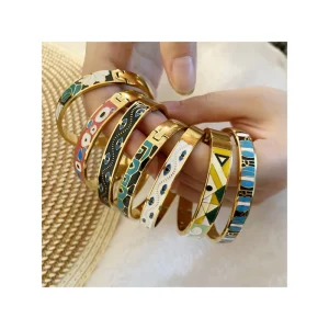 Retro Style Enamel Gold Plated Stainless Steel Geometric Eye Bangle Fashion Bracelet Micro Insert Made China for Women Gift