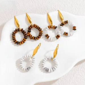 Retro Style Gold Plated Stainless Steel Jewelry Natural Stone Beads Drop Earrings Women’s Exaggerated Circle Earrings