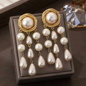 Retro Style Mid century Tassel Pearl Stud Earrings Niche Design Long line Women’s