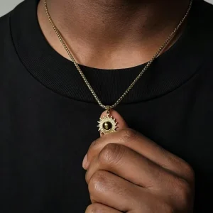 Retro Sunflower Tiger Eye Pendant Necklace Hip Hop Men Long Stainless Steel Sweater Chain Jewelry Accessories