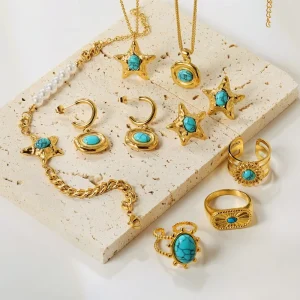 Retro Turquoise Natural Stone Bracelet Necklace Earrings Ring 18k PVD Gold Plated Stainless Steel Fashion Jewelry Set for Women