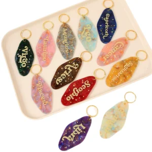 Retro Zodiac Acrylic Keychain Glitter Marbled Horoscope Theme Key Charm with Gold Foil Lettering Astrology Accessory Gift