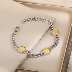 Retro-style Understated Luxury Cuban Bracelet For Women S925 Sterling Silver Gold-plated Athena Goddess Ancient Coin Design