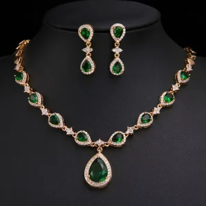 Rhinestone Costume Prom Jewelry Teardrop Necklace Earrings Emerald Wedding Bridal Jewelry Sets for Brides Bridesmaids