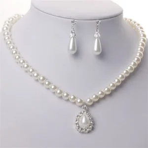 Rhinestone Diamond Pearl Pendant Earring Necklace Set Jewelry