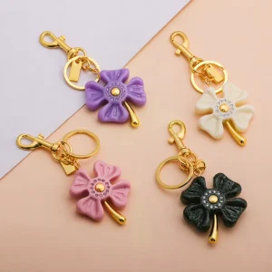 Rhinestone Flower Keychain Bag Charm Colorful 4-Leaf Clover Pendant with Gold Hardware Accessory for Women Girls