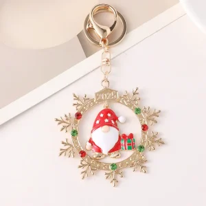 Rhinestone Inlaid Snowflake Frame Gnome Santa Keychain Enamel Xmas Pendant Christmas Gift Key Ring For Women Handbag Decor