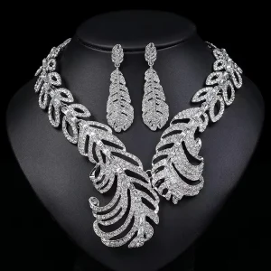 Rhinestone Metal Feather Shape Necklace Pendant Earrings Studs Set for Women’s Dress Accessories