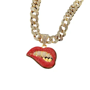 Rhinestone Miami Chain With Hip Hop Alloy and Full Bling CZ Rhinestone Red Mouth Pendant Chokers Necklace