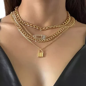 Rhinestone Paperclip Charm Necklace Cuban Chain Lock Pendant Necklace Set