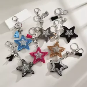 Rhinestone Pentagram Keychain Leather Star Keychain Crystal Star Tassel Accessories Car Key Chain Bag Charm Hanging Pendant