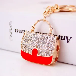 Rhinestone Red Handbag Keychain Gold Tone Enamel Alloy Purse Accent for Boutique Shopper Gift