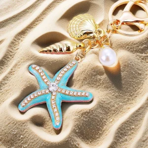 Rhinestone Small Starfish Keychain Women’s Bag Charm Car Key Ring Ocean Series Metal Pendant
