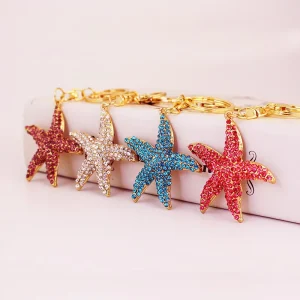 Rhinestone Starfish Keychain Crystal Metal Sea Star Charm Shiny Ocean Jewelry Keyring