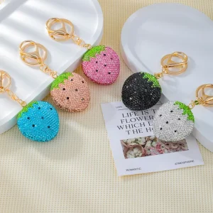 Rhinestone Studded Polymer Clay Strawberry Keychain Bag Charm Fruit Themed Pendant