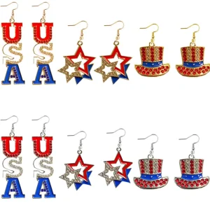 Rhinestone USA Star Hat American Flag Patriotic Independence Day Earrings