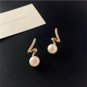 Rhinestones Pearl Drop Earrings for Women Golden Irregular Geometry Twist Earrings