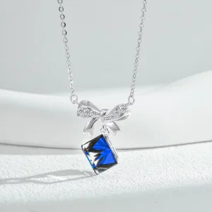 Rhodium Plated 925 Sterling Silver Bow Blue Crystal Link Pendant Necklace for Women