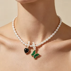Rice Glass Imitation Pearl Choker Necklace Green Enamel Butterfly Black Heart Crystal Pendant Gold Plated Steel Necklace