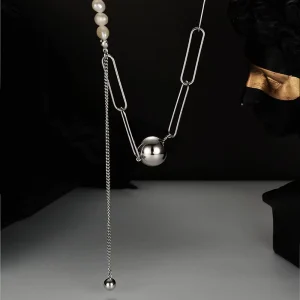 Rock Style 925 Sterling Silver Freshwater Baroque Pearl Paper Clip Chain Spherical Pendant Necklace