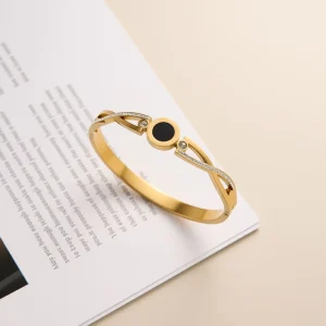 Roman Number Cross Bangle 18K Gold Plated Stainless Steel Crystal Zircon Women Classic Trendy Bangle