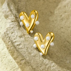 Romantic 18K Gold Plated Stainless Steel 316L Heart Stud Earrings and Necklace Set ISO9001 Certified for Women Anniversary Gift