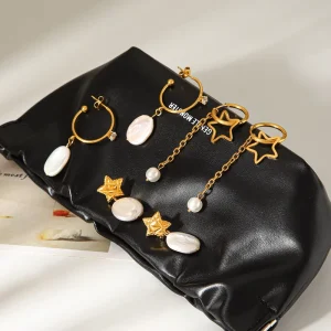 Romantic 18K Gold Plated Stainless Steel Star Baroque Pearl Earring Set Wedding Event Gifting Fashion Jewelry
