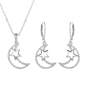 Romantic Earrings with Star and Moon Pendants and Small Hoop Earrings