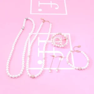 Romantic Elegant Imitation Pearl Jewelry Set 4Pcs Rose Gold Crystal Oval Cut Copper Alloy Lovers Pattern Necklace