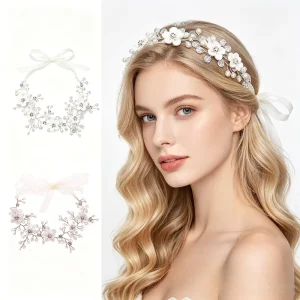 Romantic Flower Pearl Crystal Hair Vine Adjustable Ribbon Multi Color for Bride Wedding Bridal Shower Photo Hair Accessories