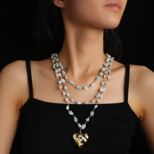 Romantic Multi-layer Necklace Gravel Larimar Gemstone with Heart Shaped Pendant Natural Crystal for Wedding