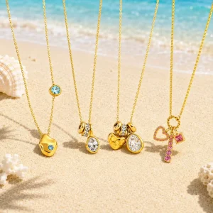 Romantic Puffed Heart Stainless Steel Necklace Zircon Set Pear Shape Clear CZ Multi Pendant 18K Gold PVD Waterproof Jewelry