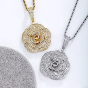 Romantic Rose Design Gold Iced Out Pendant with Rope Chain Zircon Stone Jewelry Gift