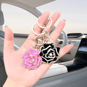 Romantic Rose Heart Keychain for Her Aesthetic Valentine Day Gift Creative Flower Bag Charm Metal Keyring Accessory