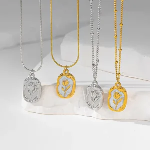 Romantic Tulip Flower Pendant Elegant Floral Design Stainless Steel Gold Tone Minimalist Fashion Women Necklace Gift Jewelry