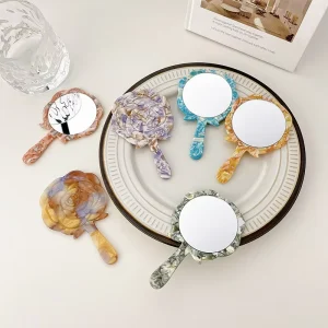 Rose Acetate Portable Hand-held Single-sided Makeup Mirror for Daily Use and Party Occasions with Hair Accessories