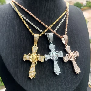 Rose Cross Pendant Necklace Brass CZ Heavy Design Hip Hop Jewelry for Men