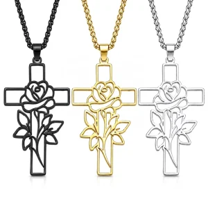 Rose Cross Pendant Necklace Stainless Steel Christian Faith Jewelry Gift for Women Religious Floral Necklace
