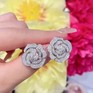 Rose Flower Design Adjustable Rhodium Plated Brass Zircon Jewelry Set for Wedding & Party Gift