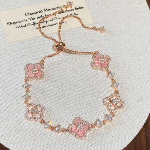 Rose Gold Flower Crystal Bracelet Adjustable Slider Chain Floral Charm Jewelry for Women